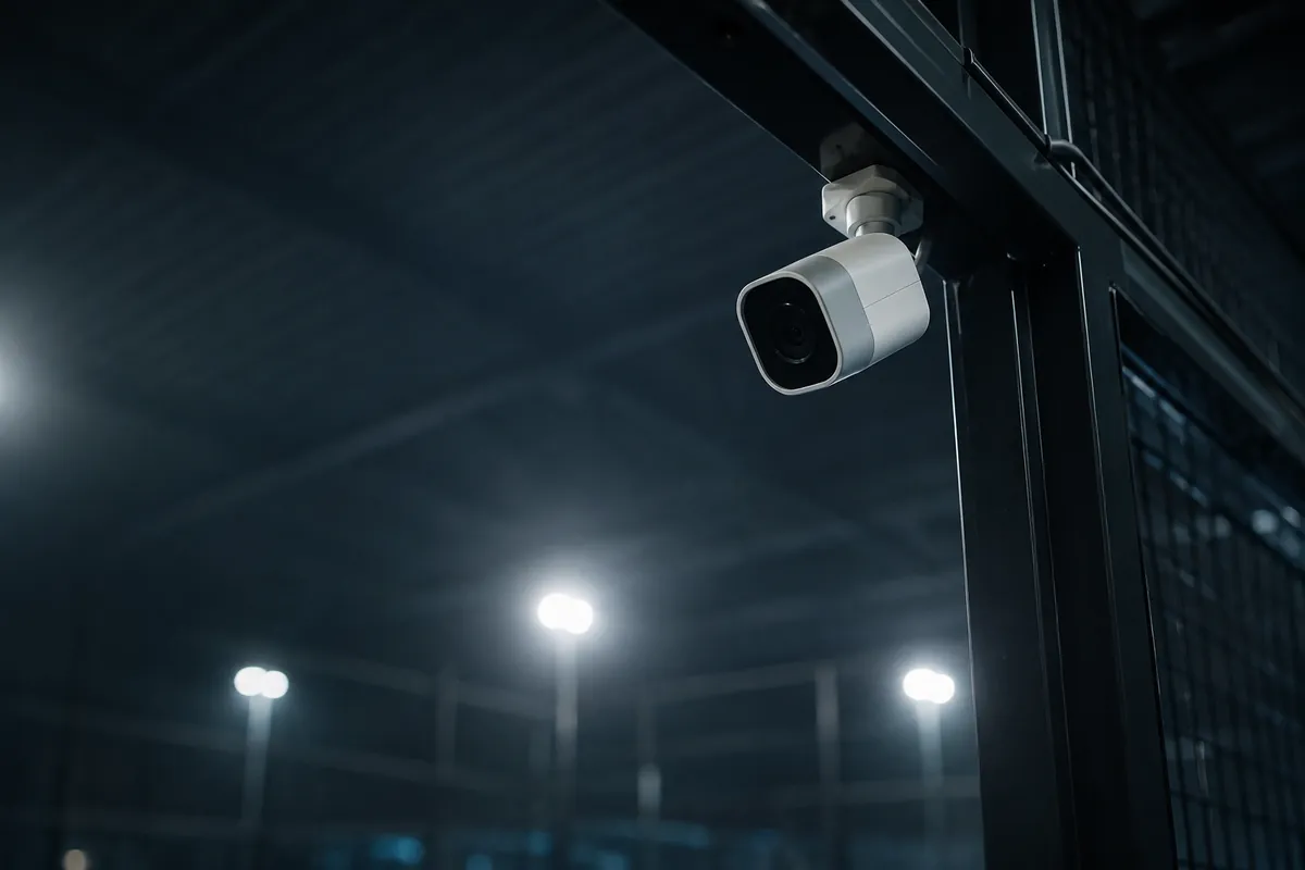 A CourtAction camera mounted on a floodlit padel court